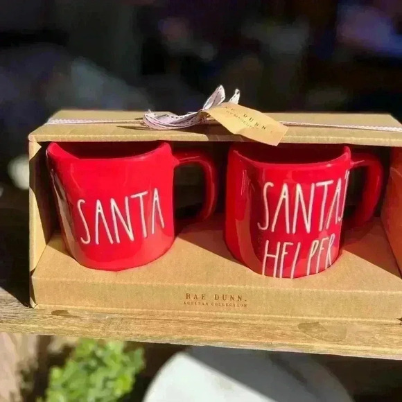 NEW SET of 2 Rae Dunn Red & White Coffee Mugs/Cups  - SANTA & SANTA’S HELPER - Picture 2 of 3